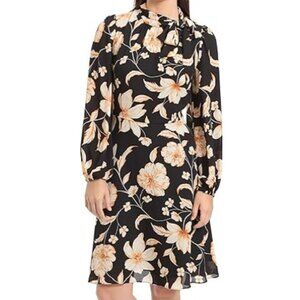 MAGGY LONDON Floral Black and Cream Women's Long Sleeve Fit & Flare Dress Size 8